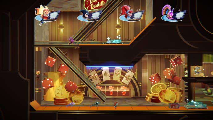 A casino-themed 2D platform level from SpeedRunners 2 with huge novelty red dice and slot machines behind ramps