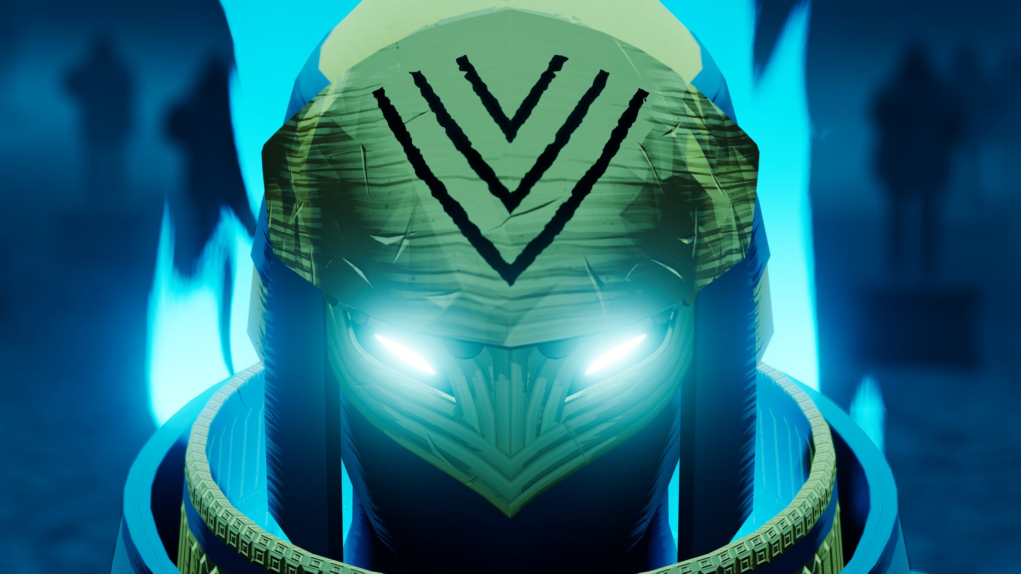 A close-up of a metal-helmed warrior with glowing eyes, from Sword Of The Sea - 1