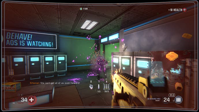 A screenshot of Selaco, showing the player shooting a rifleman in a locker room, with purple blood spraying.