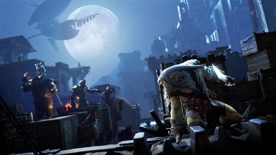 Hooded goblin thief Styx hiding down  a debased  partition  connected  a moonlit nighttime  with quality  guards disposable   nearby