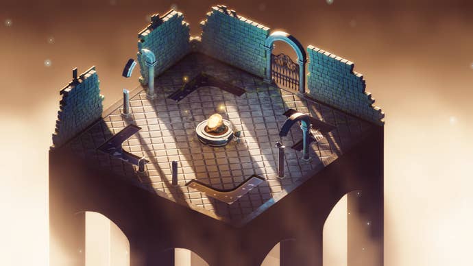 A cutaway isometric presumption of a chromatic operation acme amidst sunlight from soulslike Memoria Wake.