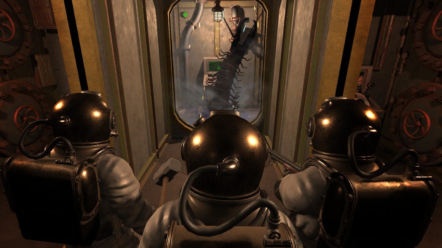 A bunch of people in diving suits contemplating a large angry insect that has just invaded their submarine