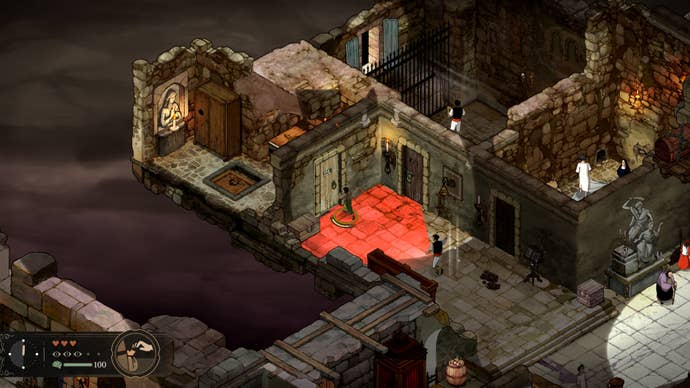 An isometric view of a monastery, with various people in different rooms and a bright red viewcone in the middle, from The Stone Of Madness