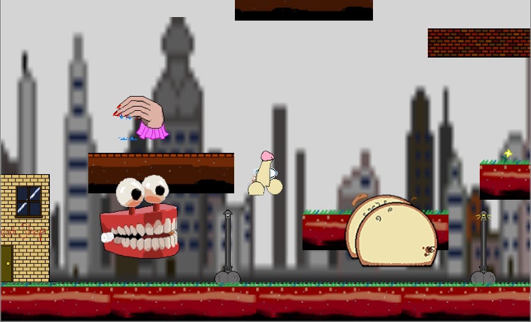 A rather crude platform game showing a character who looks like a willy hopping away from enemies who resemble hands, false teeth and butts. - 3