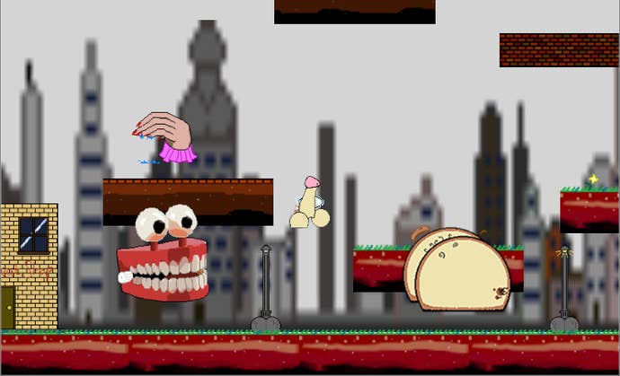 A rather crude platform game showing a character who looks like a willy hopping away from enemies who resemble hands, false teeth and butts.
