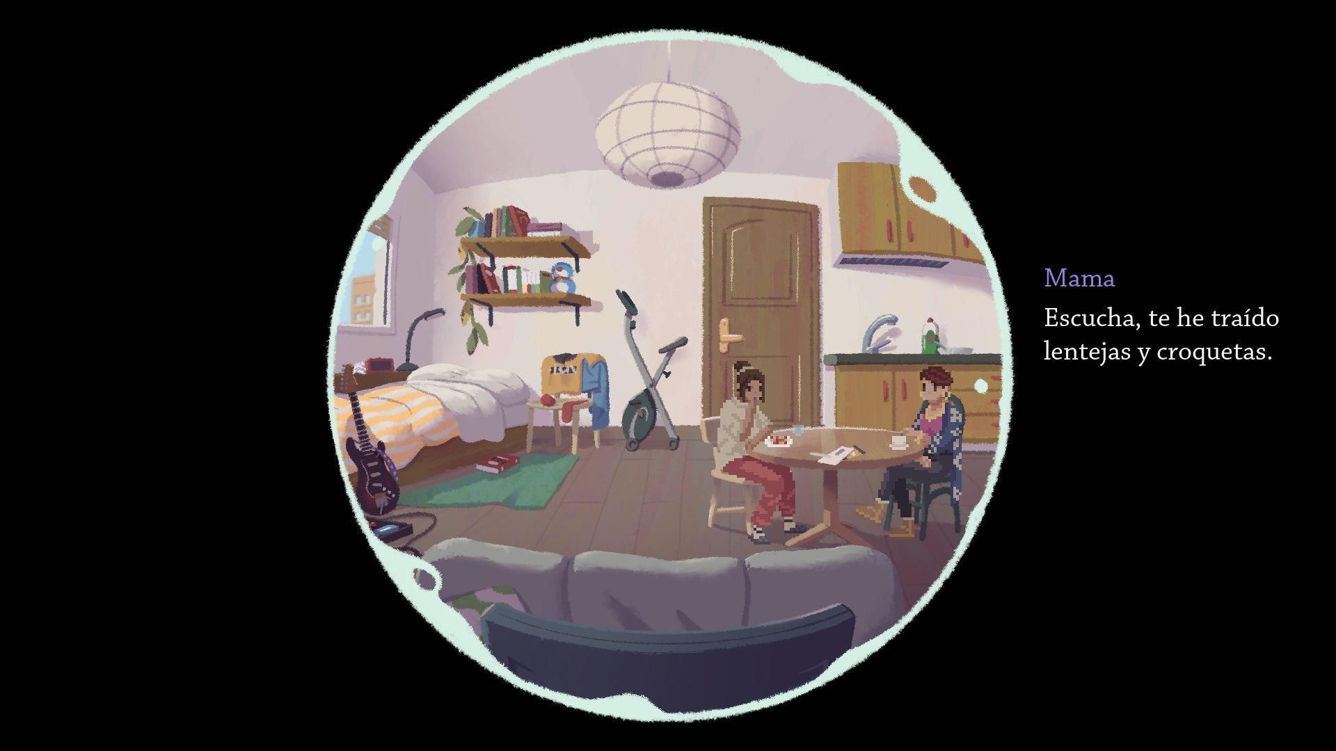 A snowglobe view of a single-room apartment with somebody having dinner with their mother at a table on the right handside - 1