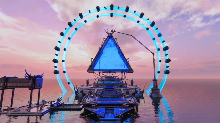 A triangular blue portal mounted above an ocean in point-and-click adventure Neyyah