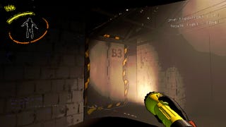 The player investigating a door with a torch in horror sci-fi game Lethal Company.