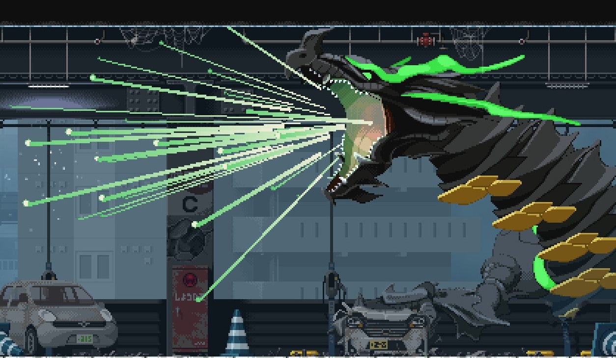 A scene from the metroidvania Blade Chimera, showing a dragon bellowing with green rays spilling from its mouth - 1