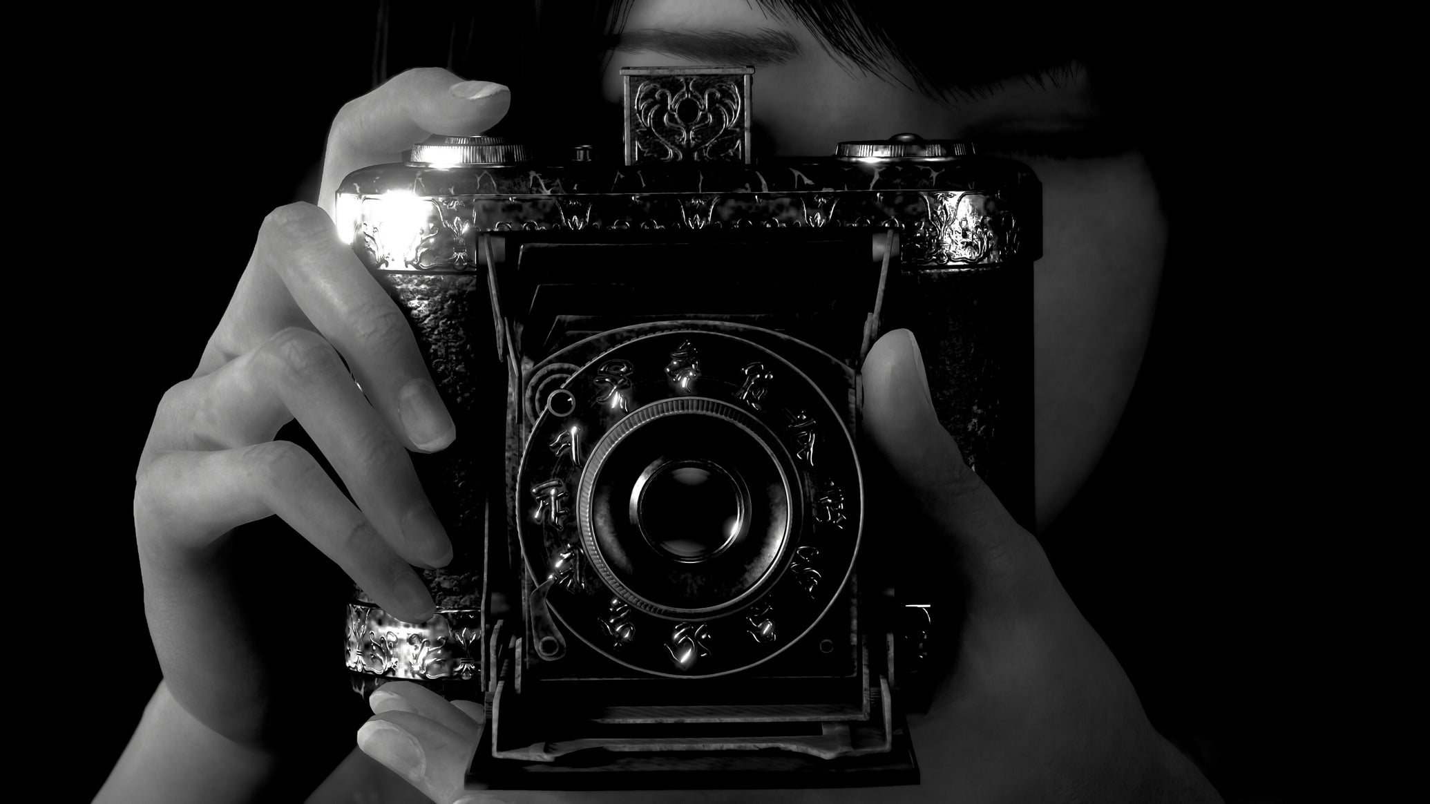 A close-up view of somebody taking a photo of you with an arcane camera in Fatal Frame 2. - 1