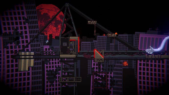 A nightmarish city skyscape with a red moon and shattered buildings and construction equipment