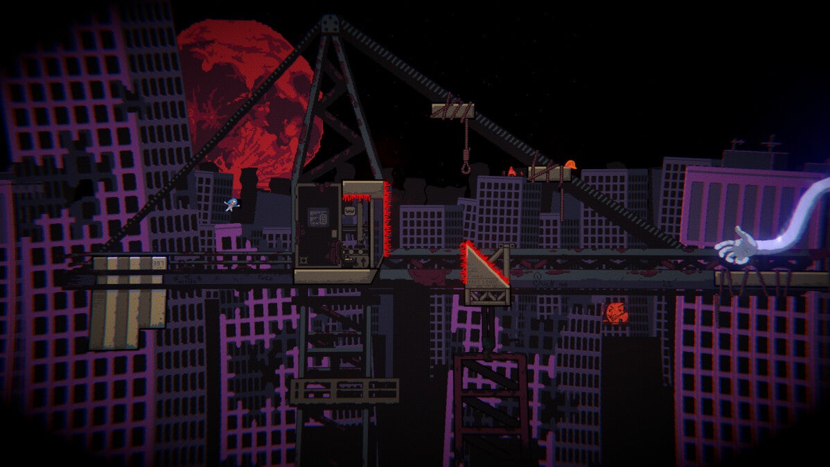A nightmarish city skyscape with a red moon and shattered buildings and construction equipment - 1