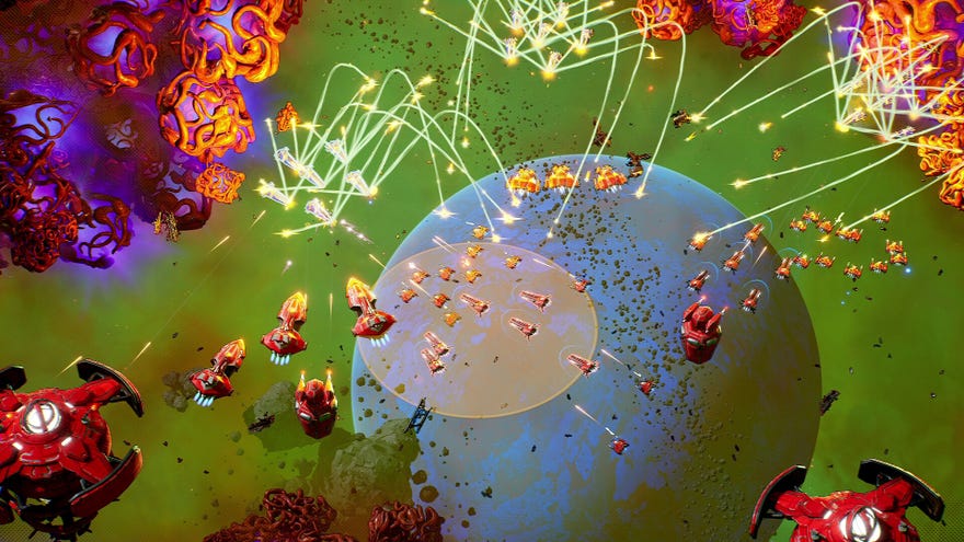 A wide    of different-sized colourful spaceships blowing each   different   up   with missiles against the backdrop of a bluish  planet, from the RTS Project Citadel