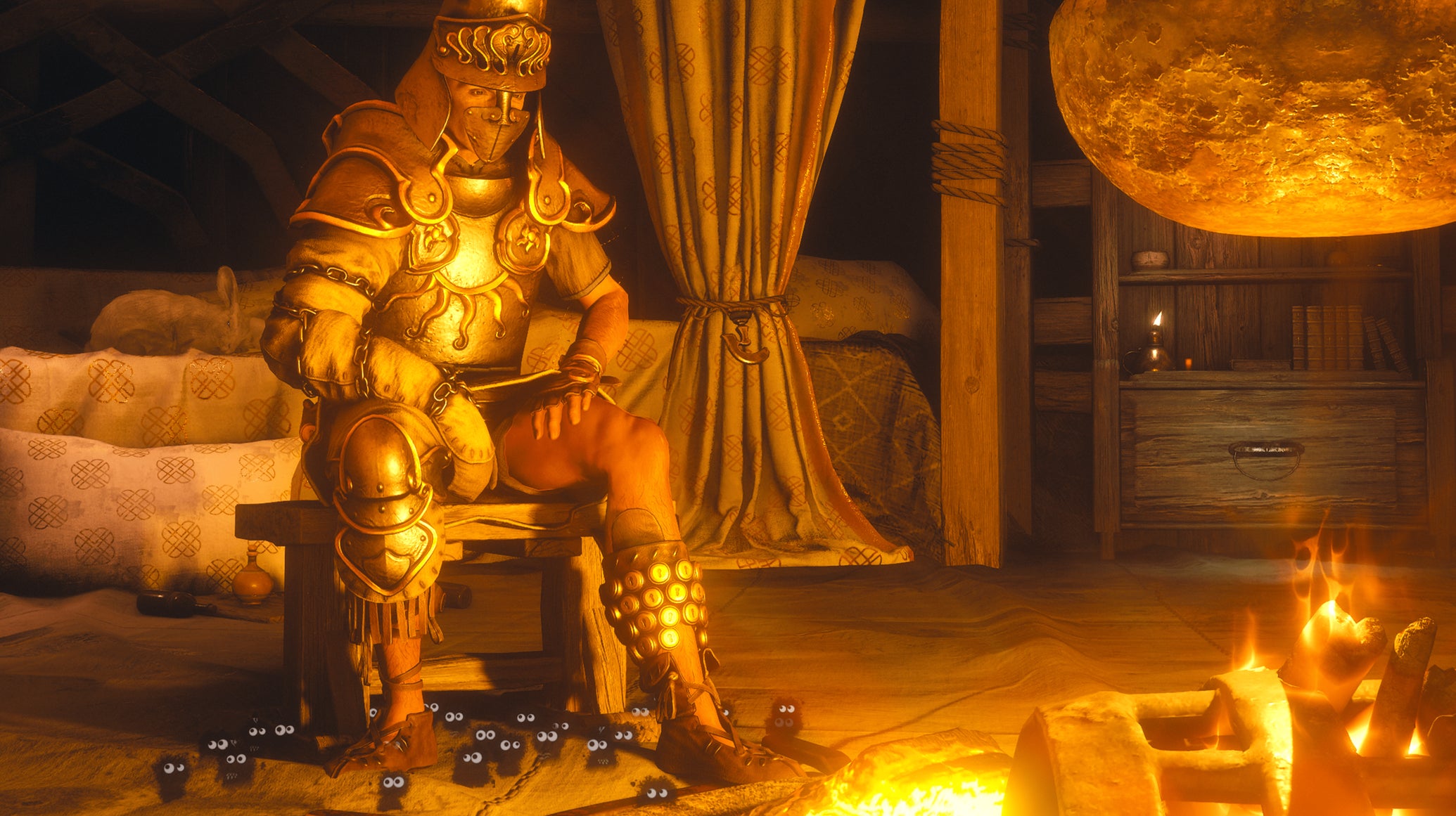 A person in armour sitting by a campfire in a tent in Soulframe - 1