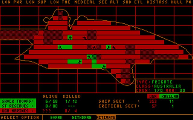 A screenshot from MS-DOS space sim Star Fleet 2: Krellan Commander&rsquo;s 2.0 release in 2023, showing a battle for control of a 2D spaceship coloured red and green.