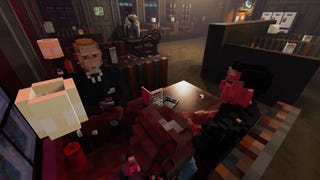 A moody bar in Shadows of Doubt, showing voxel-based characters seated at a table