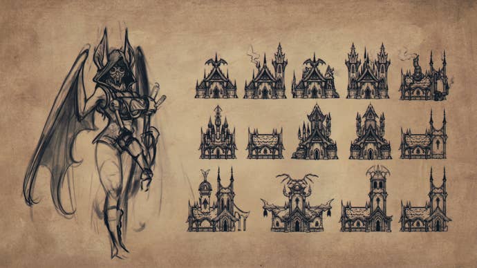 Inky parchment concept art for bats and bat buildings in Against The Storm