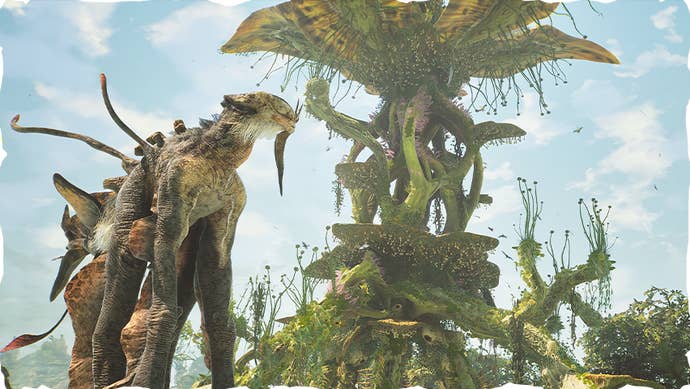 A fantastical dinosaur-esque creature standing near a huge weird tree in Towers of Aghasba