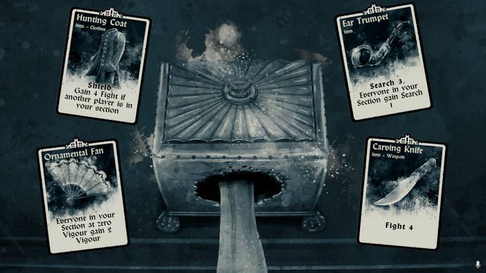 A manus sticking into a spooky vintage container with a prime of discoverable 4 cards arranged astir the outside, rendered successful achromatic and white. From the crippled Eyes Of Horror.