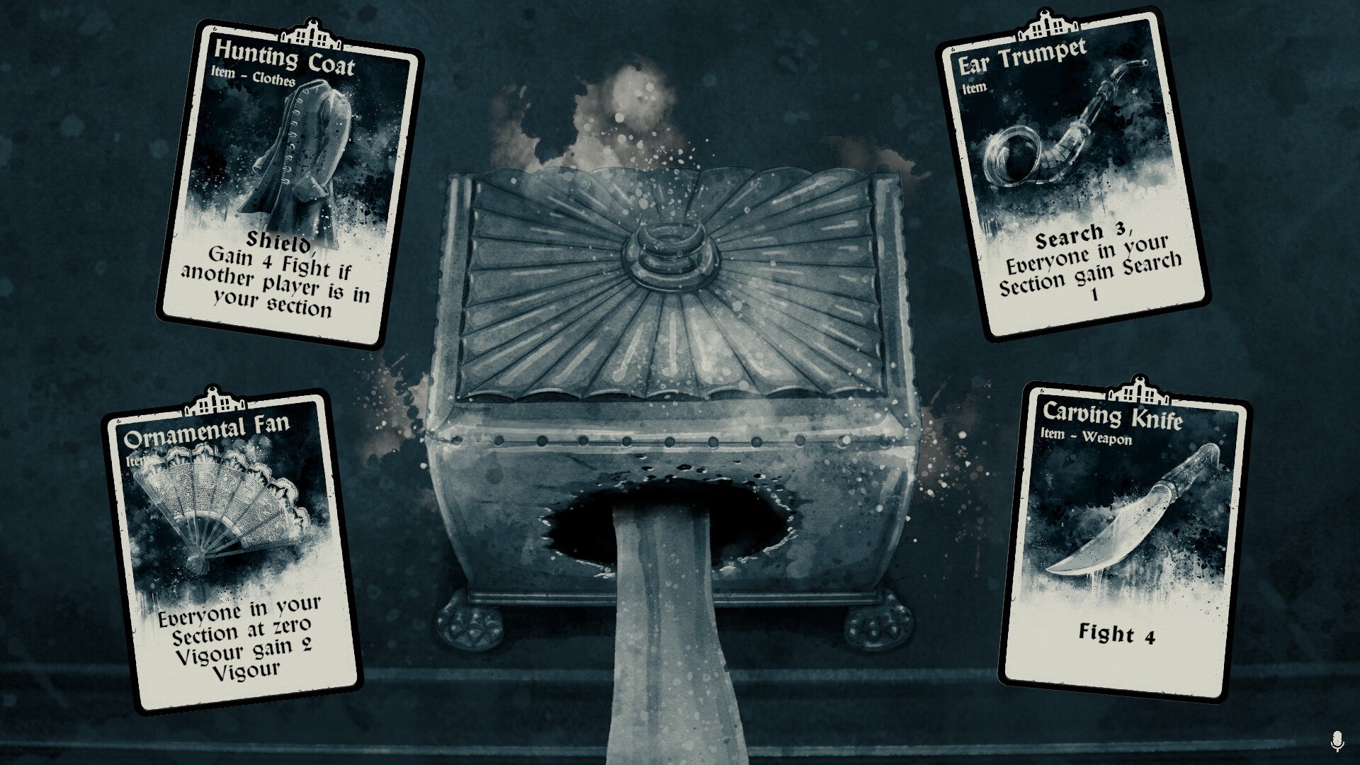 A hand sticking into a spooky vintage box with a choice of discoverable four cards arranged around the outside, rendered in black and white. From the game Eyes Of Horror. - 1