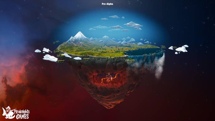 A floating island world with a hellish cave beneath and a green and blue civilisation on top in Sintopia