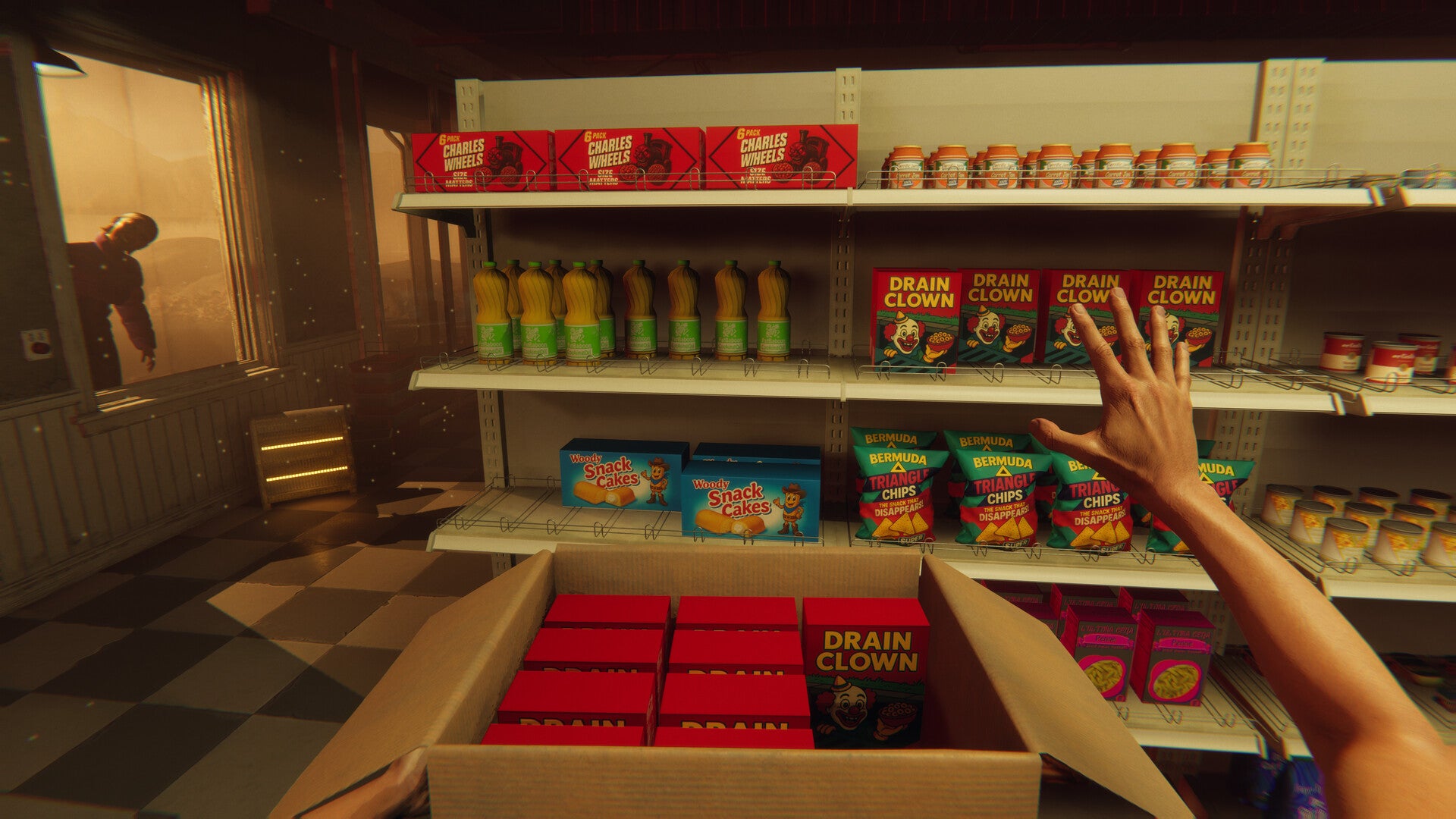 A first-person position  of your quality  putting goods connected  shelves successful  Hellmart, with an eerie smiling fig  leaning astir   the model   country   to the left.