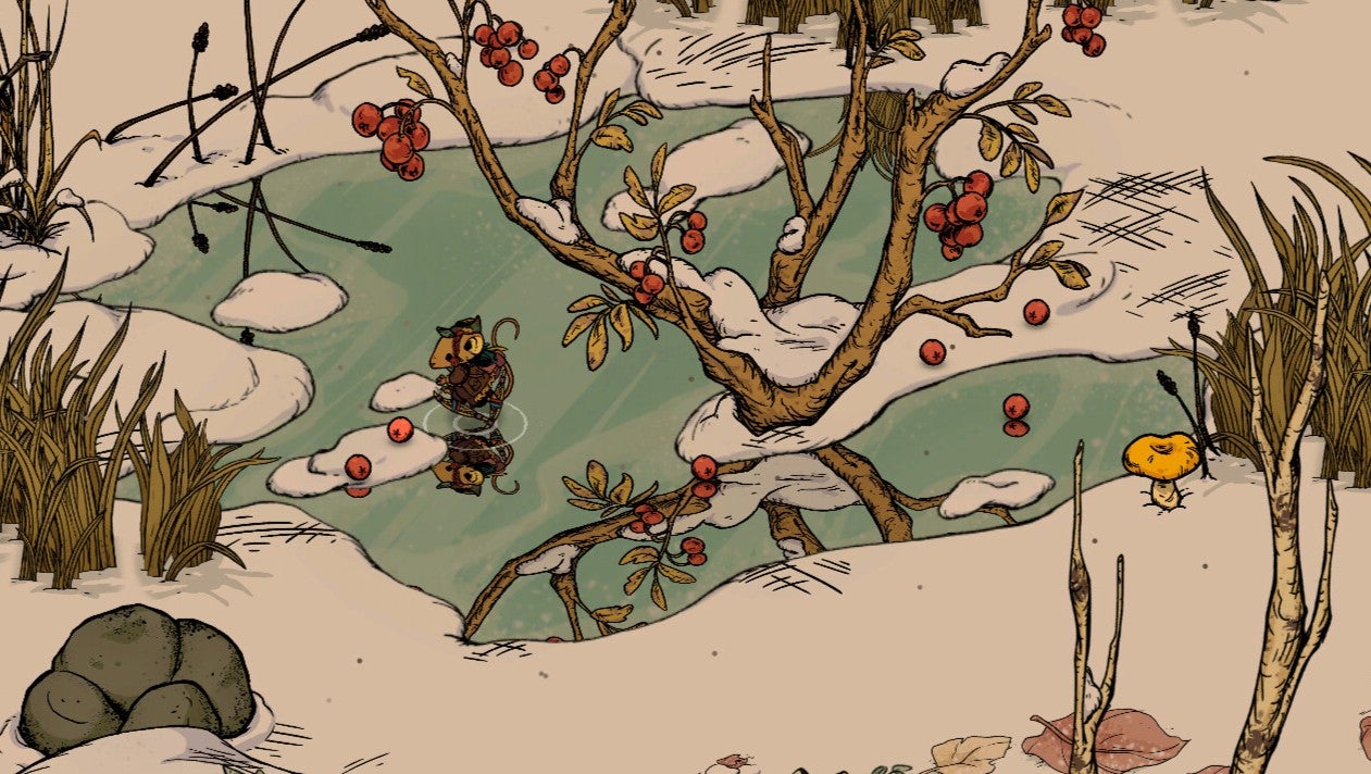 A screenshot of a game in which a mouse forages for food by a snowy pond, represented in the style of an old storybook illustration. - 1