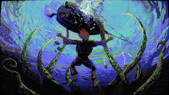 Uma captura de tela de Skald: Against the Black Priory, mostrando o personagem do jogador afundando nas ondas depois que seu navio foi destruído por um monstro marinho.