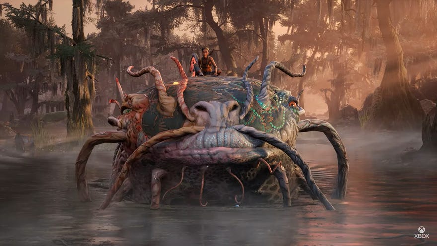 South Of Midnight protagonist Hazel riding around on the head of a big magic fish