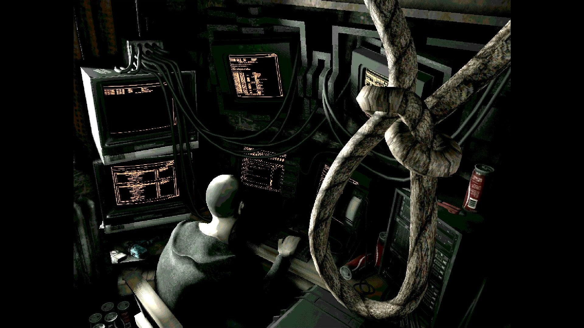 An elevated view of a man seated at a big bank of grim computer monitors with a knotted rope menacingly visible in the foreground - 1