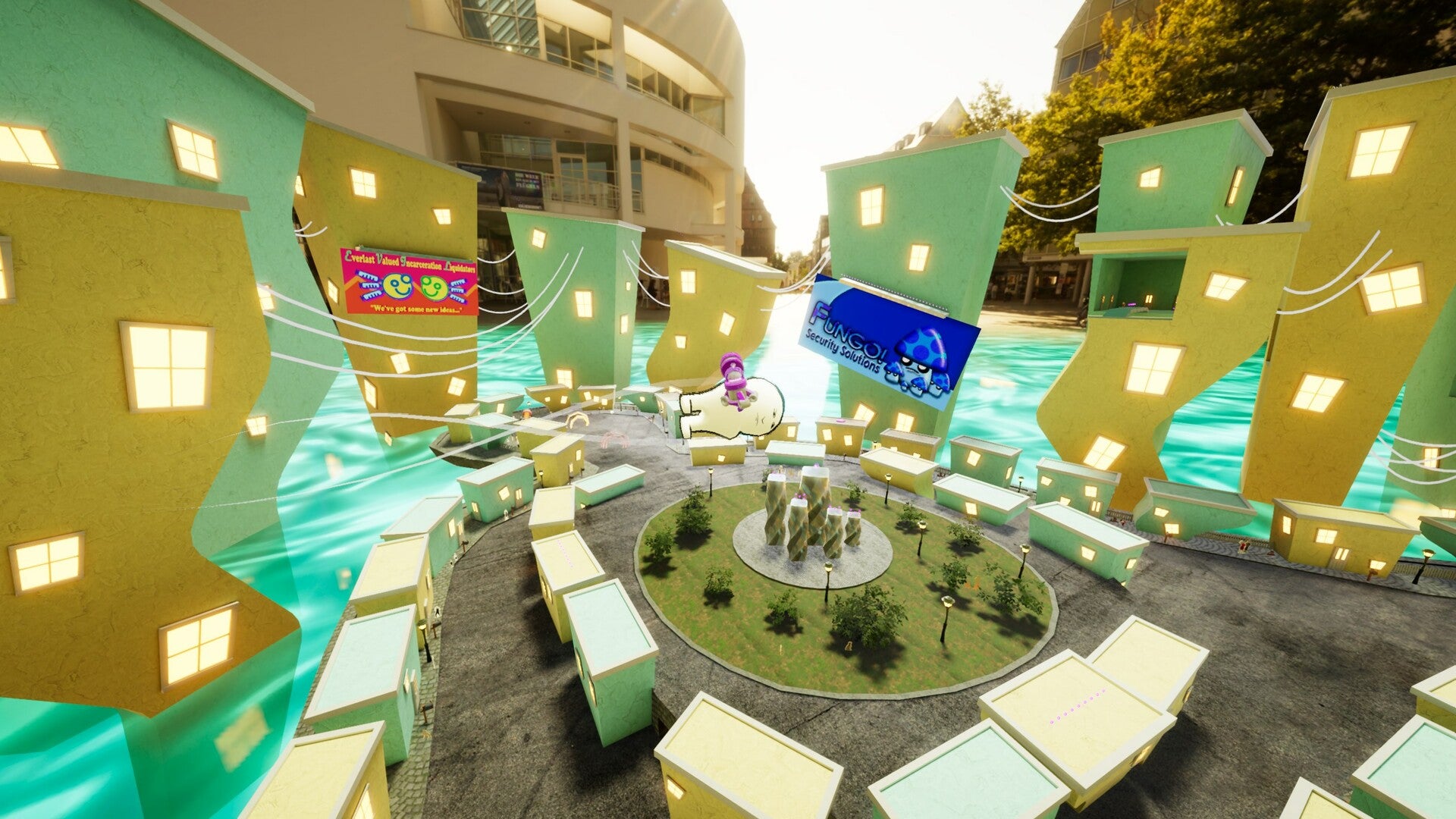 A screenshot of Orbo&rsquo;s Odyssey, showing the squishy humanoid main character being fired through the air above a surreal green and yellow city of block-shaped apartments.