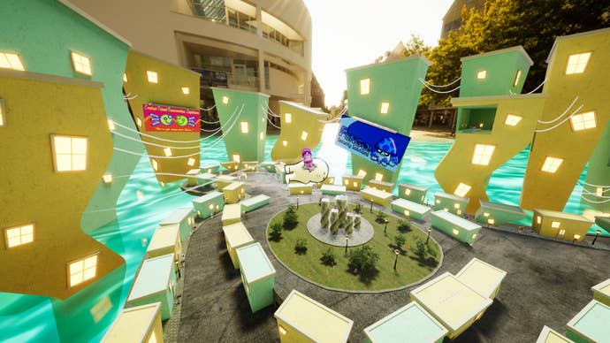 A screenshot of Orbo’s Odyssey, showing the squishy humanoid main character being fired through the air above a surreal green and yellow city of block-shaped apartments.