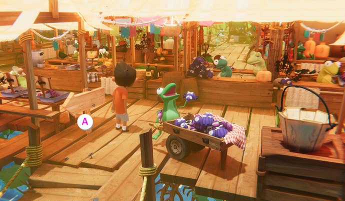 A magical frog marketplace with stalls and vegetable barrows in Sopa - Tale Of A Stolen Potato
