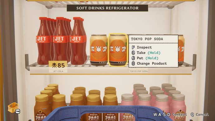 Some bottles and cans on a fridge shelf with a menu screen for prices and actions in InKonbini