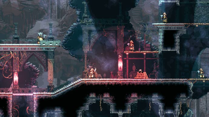 A 16-bit-style 2D dungeon situation with guards and a hiding subordinate character, from The Siege And The Sandfox