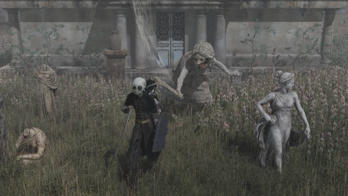 A ghost girl riding a monstrous puppet as they dodge an attacker in a field of broken statues from Withering Realms