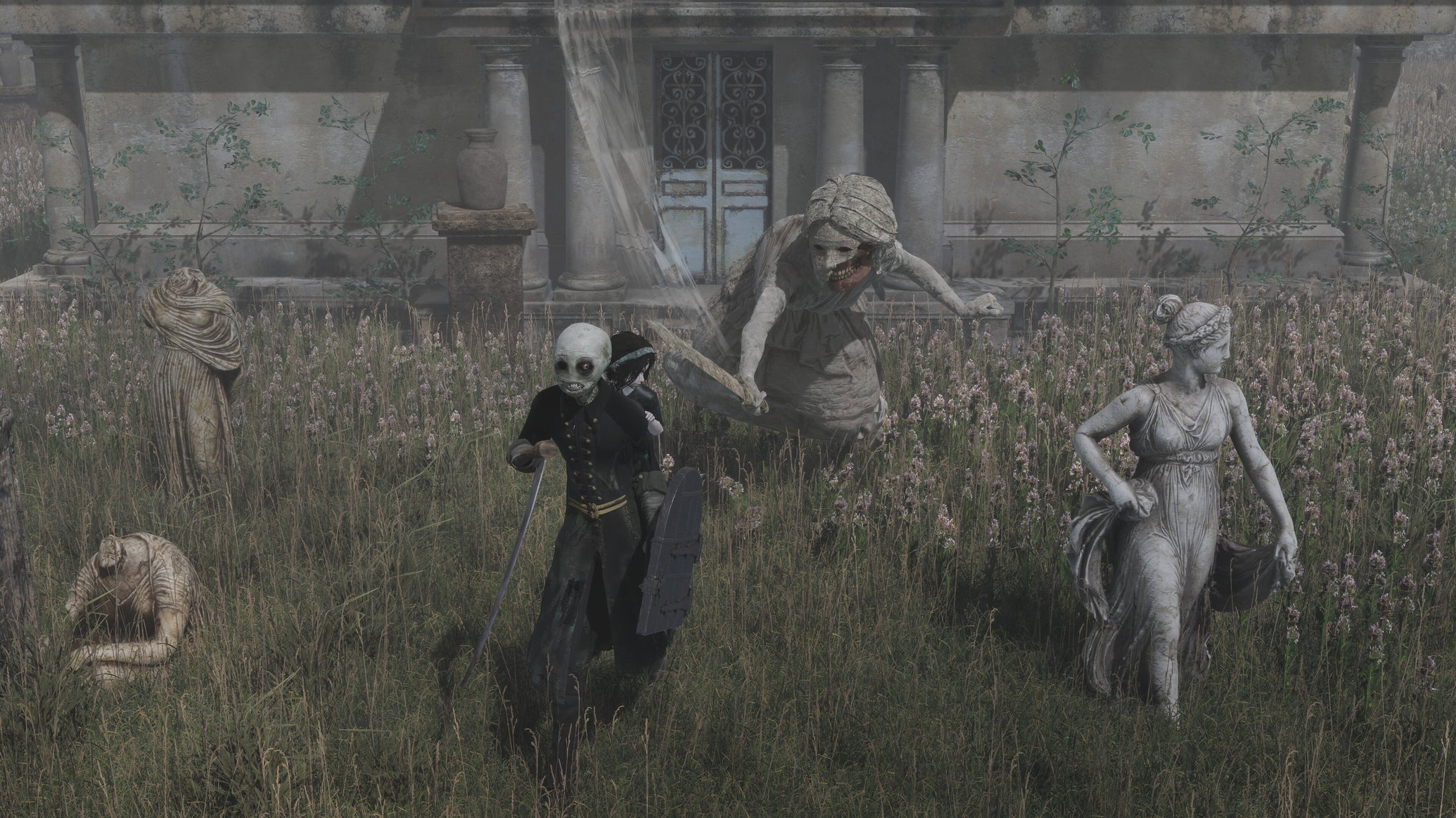 A ghost girl riding a monstrous puppet as they dodge an attacker in a field of broken statues from Withering Realms - 1