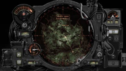 A top-down representation exploration presumption from Solbrand. The representation is simply a murky expanse of underwater masonry with icons and routes. It's surrounded by glossy achromatic metallic and light-up dials and buttons.