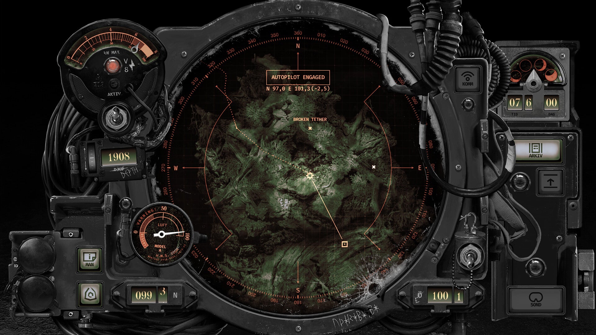 A top-down map exploration view from Solbrand. The map is a murky expanse of underwater masonry with icons and routes. It's surrounded by glossy black metal and light-up dials and buttons. - 1
