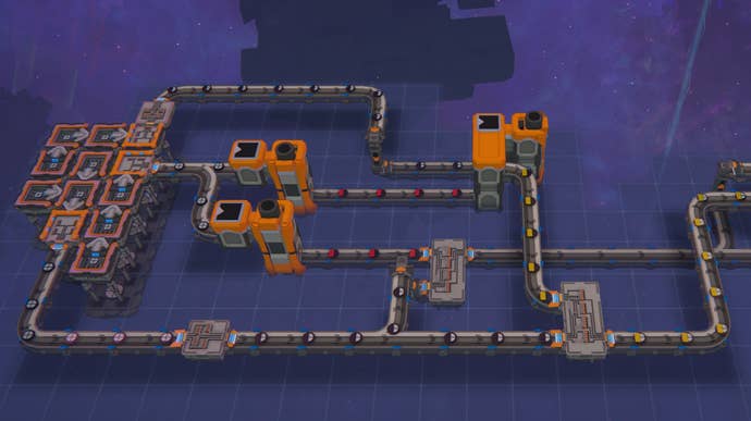 A WIP representation of a caller mode successful mill sim Shapez 2, showing a clump of buildings and conveyor belts.