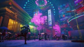 A woman running through a firework show in a neon city in Aikode