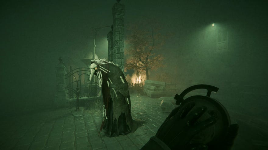 A hooded figure with a bird mask on a foggy street in Pathologic 3