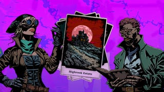 A creepy illustration of two characters from The Horror At High Rook, with a card showing the game's haunted mansion setting in the middle