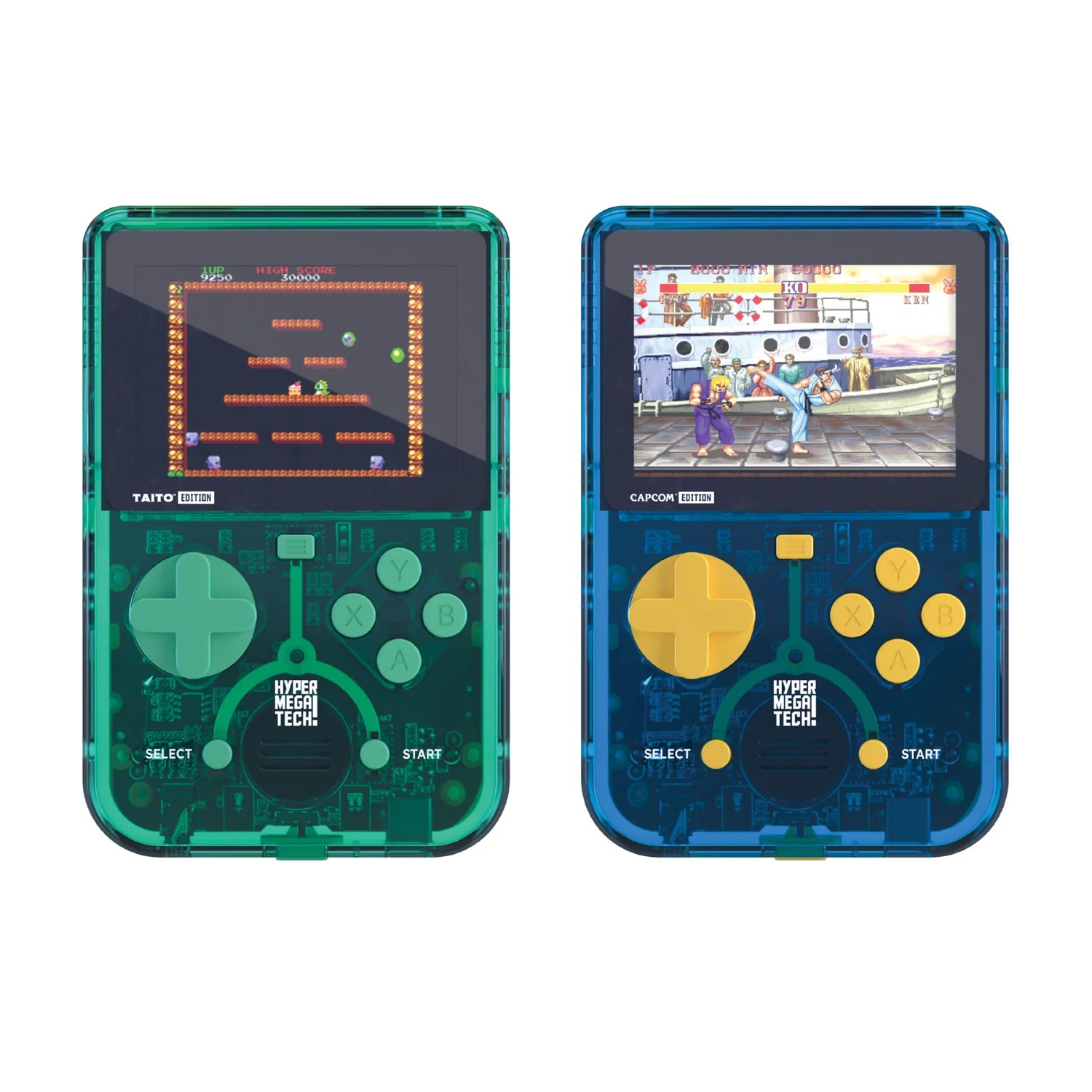 Two Super Pocket Limited Edition devices, transparent blue and yellow, and transparent green and black – to pay homage to Capcom and Taito, respectively. - 4
