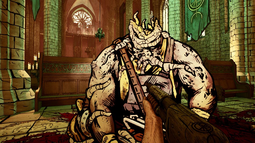 A screenshot of Forgive Me Father 2, showing the player menacing a big tentacle beast with a shotgun in some kind of church.