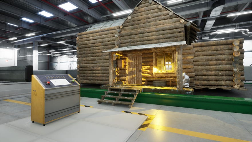 A log cabin on a factory floor with a button panel outside in The Cabin Factory