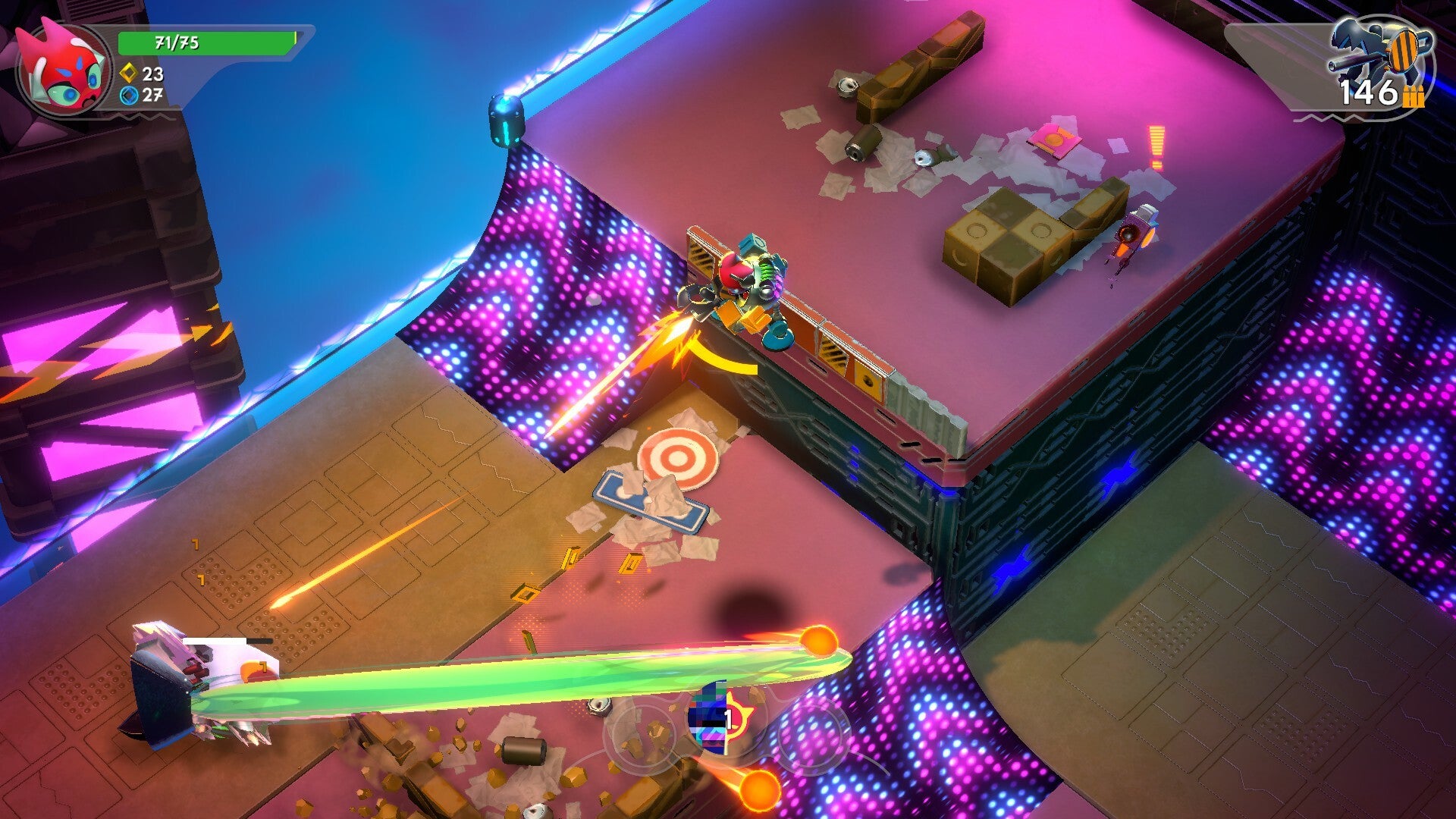 A screenshot of Go Mecha Ball showing coloured ramps with arrows on them and the player shooting at enemy robots