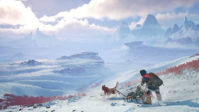 A boy and a dog-pulled sled travelling through a frozen arctic wilderness in Ikuma