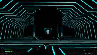 A screenshot from Doom mod Siren, showing a strange interior made up of parallel glowing green lines, with a terminal dimly visible in the distance.