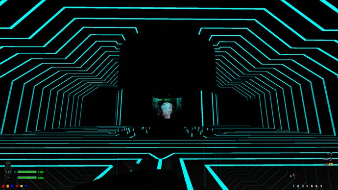 A screenshot from Doom mod Siren, showing a strange interior made up of parallel glowing green lines, with a terminal dimly visible in the distance.